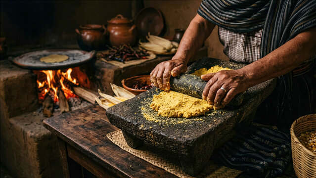 Hands kneading yellow maize dough on smooth volcanic stone metate, authentic mexican heritage craft concept.