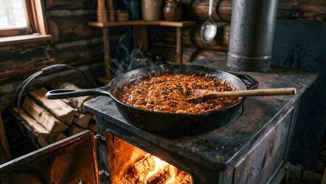 Thick rustic sauce simmering in black cast iron skillet on wood stove, deep charcoal tones fiery ambient glow.