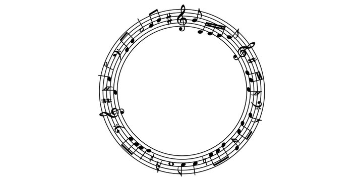 Circular musical notation frame with black treble clef notes and staff lines for elegant concert invitations or creative sheet music art.