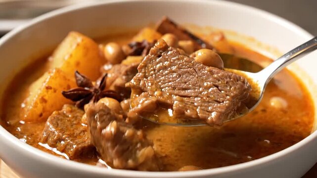 Close-up of rich Massaman beef curry stew with potatoes, peanuts, and star anise served in a white bowl, being scooped by a spoon.