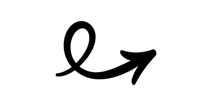 Looped black decorative arrow featuring a circular swirl and pointing right for whimsical navigation and artistic graphic design projects.