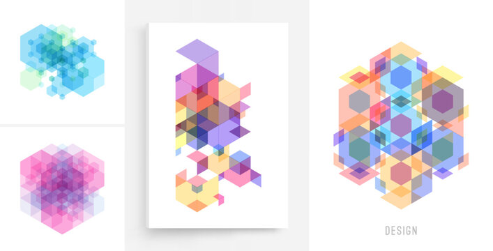 Set of overlapping elements with transparent hexagons. Abstract geometric design. Transparent colored figures. Template for poster, flyer, banner or cover. Vector illustration.