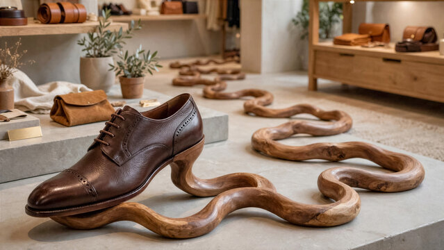 High end leather shoe with its solid wooden heel stretching out long and winding like a snake on floor