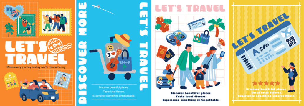 「LET'S TRAVEL」旅行をテーマにした4種類のチラシ・ポスターデザインセット