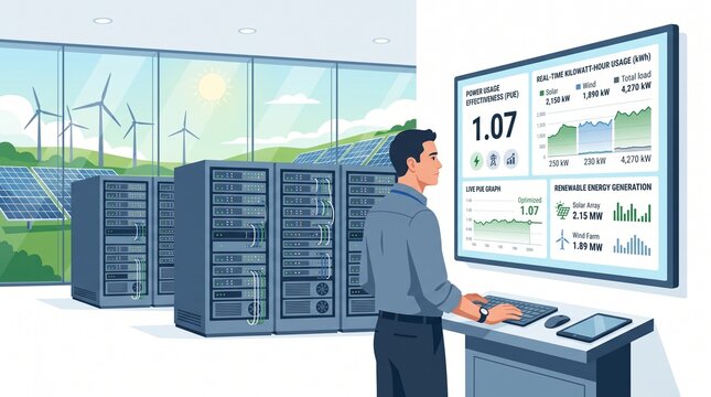Professional monitoring renewable energy efficiency and server power consumption in modern data center with usage effectiveness contemporary depicts professional analyzing