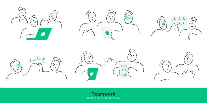 Teamwork concept. Doodle line characters collaborate using laptop, tablet, documents and high five gesture together.