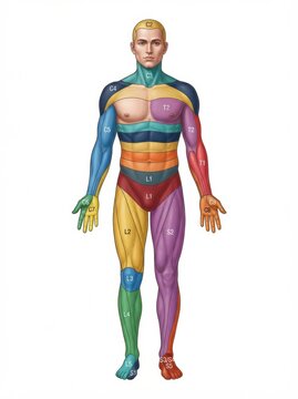 Diagram illustrates the human nerve anatomy, focusing on different nerve plexus, dermatomes, and spinal nerves for educational use.