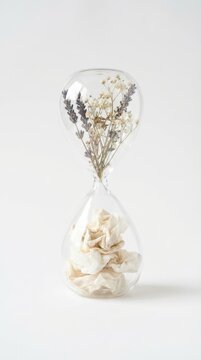 Vertical hourglass with dried lavender and delicate blooms above crumpled tissues below representing seasonal allergy for medical awareness background