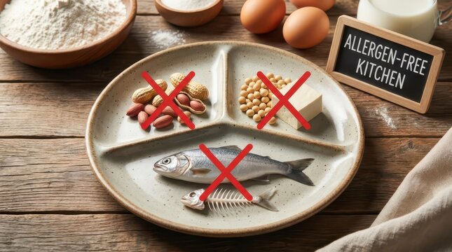Allergen free kitchen plate with crossed peanuts soy and fish icons for food allergy awareness poster banner background design