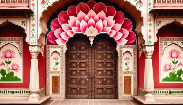Grand wooden doors framed by ornate pink lotus arches