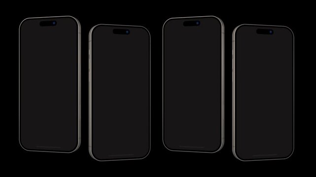 Four smartphone mockups stand side by side in dark empty studio. Empty mobile displays provide clean setup for multi step app previews. Modern gadget composition displays sleek design.