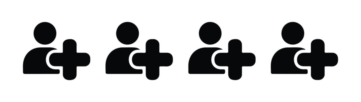 Add user icons collection with black silhouettes for mobile application interface and web site contact management.