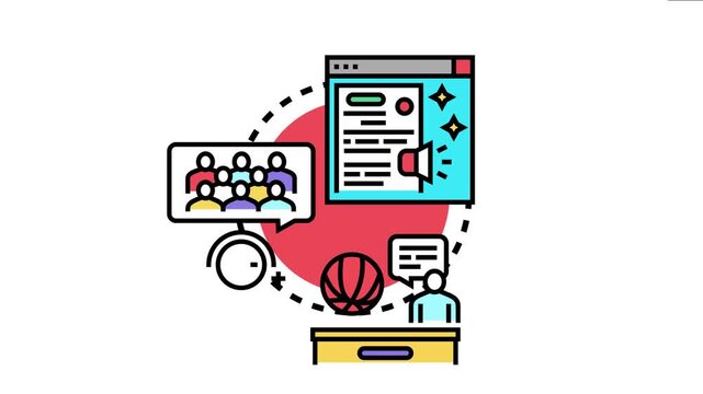 Broadcast media distribution concept depicting content sharing across various platforms, reaching a wide audience through online publishing, news reporting, and public communication