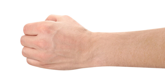Male hand holding tiny imaginary item, isolated on transparent cutout background
