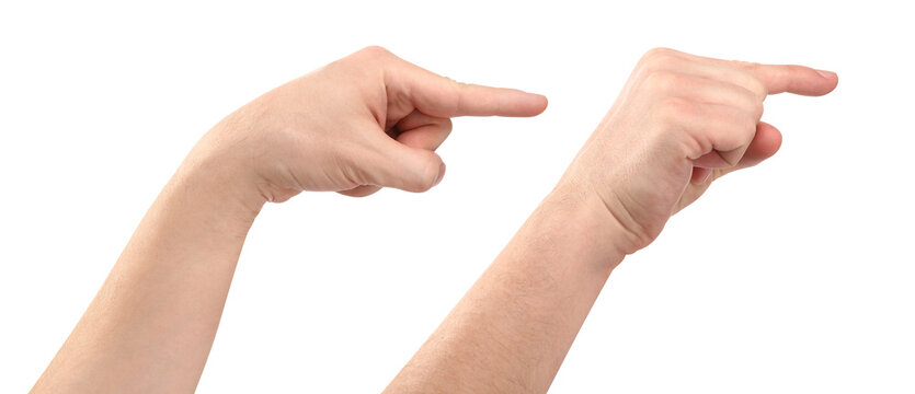 Set of male hands pointing with index finger, isolated on transparent cutout background