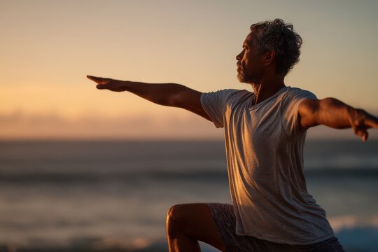 Yoga man warrior pose beach banner for international day of yoga outdoor fitness background at sunrise with ocean horizon