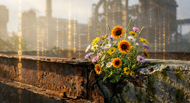 
Vibrant wildflowers blooming from a rusty industrial beam with digital binary code overlay.
