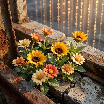 
Vibrant wildflowers blooming from a rusty industrial beam with digital binary code overlay.