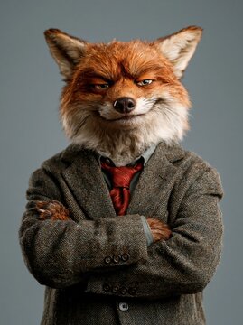 Confident fox character in tweed jacket and red tie