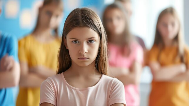Serious girl standing in front of peers with crossed arms for national bullying prevention month awareness poster and school campaign banner for anti bullying education