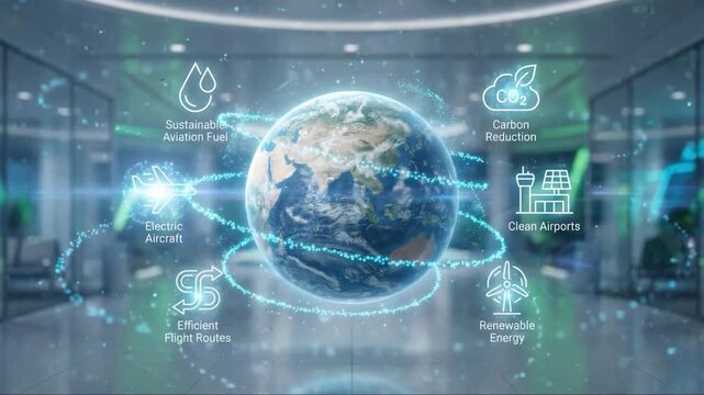 Sustainable aviation fuel and electric aircraft enable efficient flight routes with carbon reduction, clean airports, and renewable energy concepts surrounding Earth globe futuristic airport terminal