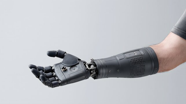 Robotic prosthetic arm and hand with mechanical details extended against a light gray background bionic arm artificial limb advanced technology cyborg hand tech innovation future technology