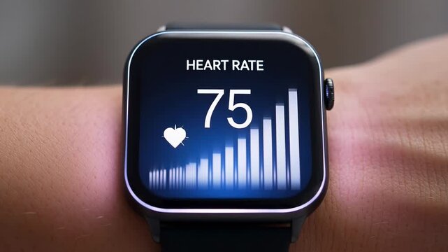 ?Smartwatch heart rate monitoring on wrist with realtime data display