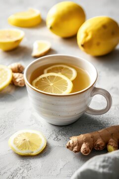 Hot lemon ginger tea in ceramic mug with fresh lemon slices and root ginger for autumn banner background and healthy beverage design. Copy space