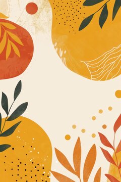 Organic abstract fall composition with mustard and terracotta shapes and botanical leaf accents for autumn poster and wallpaper. Flat illustration. Vertical banner. Copy space