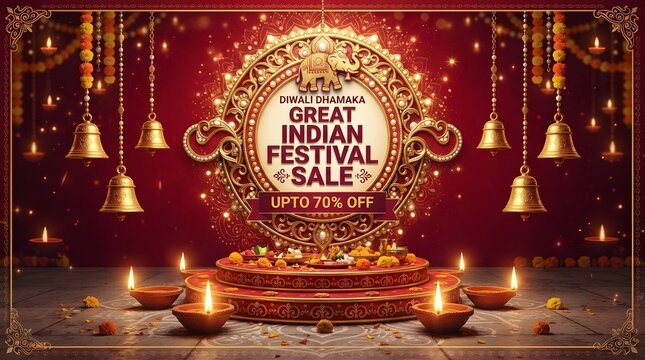 Diwali dhamaka great indian festival sale banner with golden elephant emblem, traditional lamps, and festive decorations on a deep red background