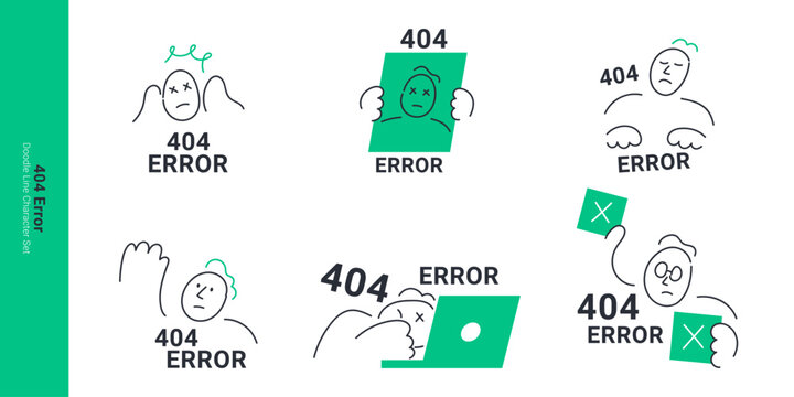 404 error page and website problem concepts. Doodle line characters feeling confused, frustrated with laptop error, missing link, and system crash warning.
