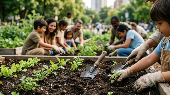 Families practicing sustainable gardening methods in an urban park setting