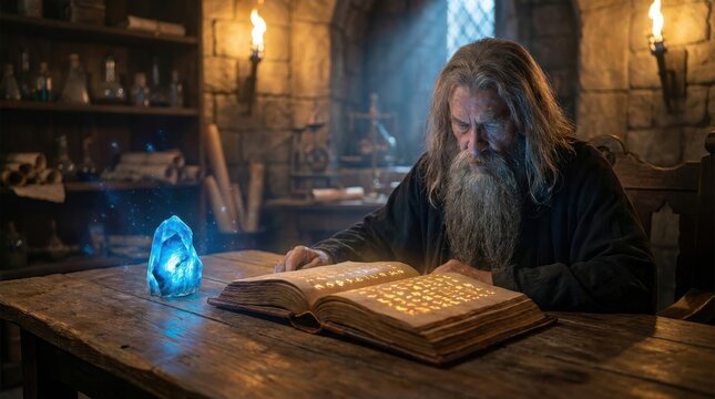 Mystical research wizard studying magical formulas in a dramatic tower laboratory