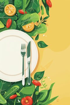 Plate and cutlery on leafy citrus composition for world vegetarian day poster background and menu design. Vertical banner. Copy space. Flat illustration