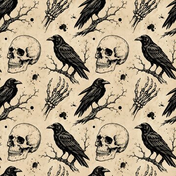 Gothic Halloween Seamless Pattern with Raven Crow, Human Skull, and Skeleton Hand Line Art