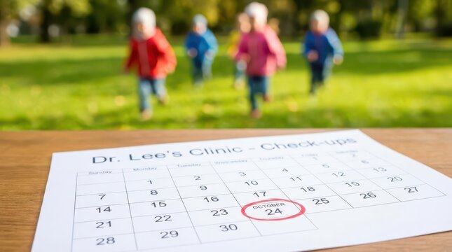 Clinic appointment calendar with circled october 24 date for child checkup scheduling and vaccination reminder poster background