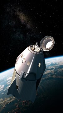 3D animation of an astronaut jumping from a spacecraft into open space above Earth, illustrating space exploration, extravehicular activity, weightlessness and futuristic human spaceflight.