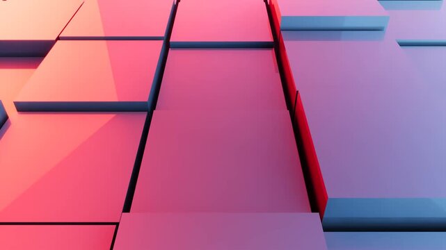 Dynamic 3D motion graphic featuring glossy metallic cubes moving up and down. Modern technological background loop with vibrant red and blue ambient lighting, suitable for corporate presentations