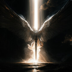 Naklejka premium winged angel descending from heaven with a large sword,