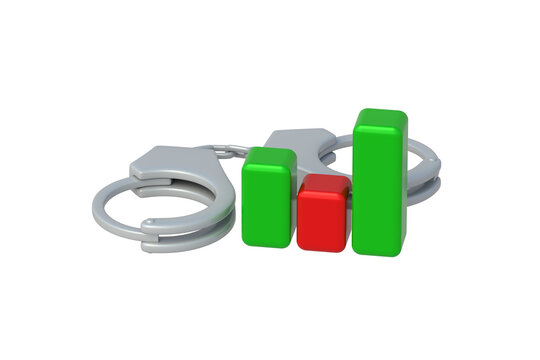 Economic crime growth. Increase in financial fraud. Skyrocketing bribery cases. Handcuffs and rising bar chart isolated on white background. 3d render