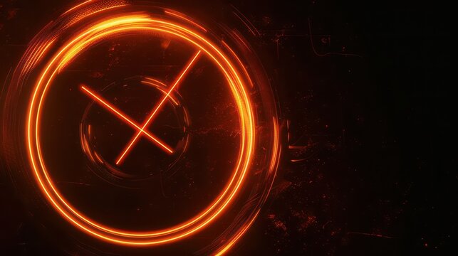Futuristic neon clock ring background with glowing orange dial for black friday banner and countdown timer design in dark mode. Copy space