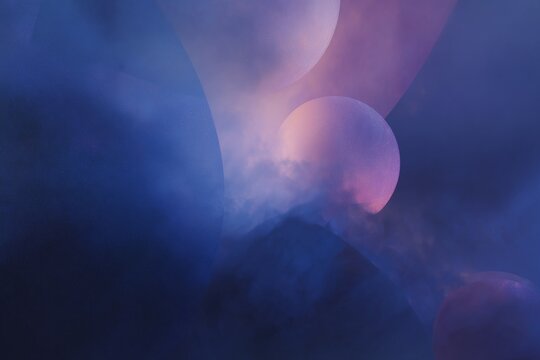 Immersive deep indigo cosmic abstract background with planetary shapes and mist for banner and wallpaper use in sci fi designs