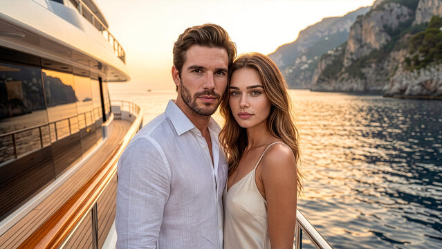portrait of attractive young couple standing on luxury yacht deck during sunset cruise