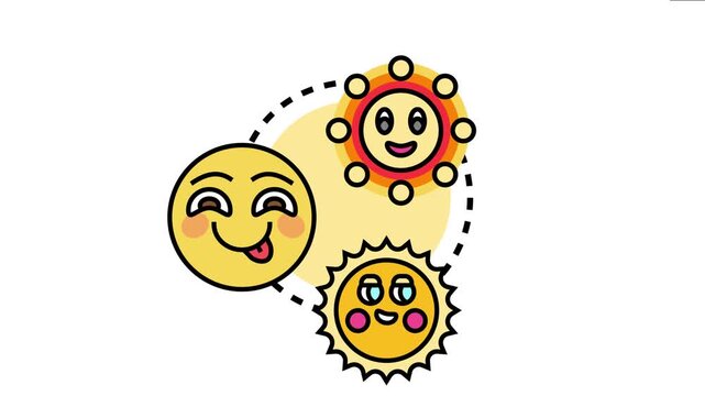 Bright golden mood concept picturing three smiling sun and emoji characters, symbolizing happiness, well being, and positive emotional states