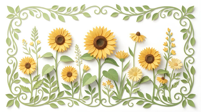 3D paper cut sunflower border with green leaves.