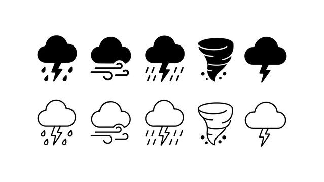 Weather Icon Set Featuring Stormy Conditions in Silhouette and Outline Styles