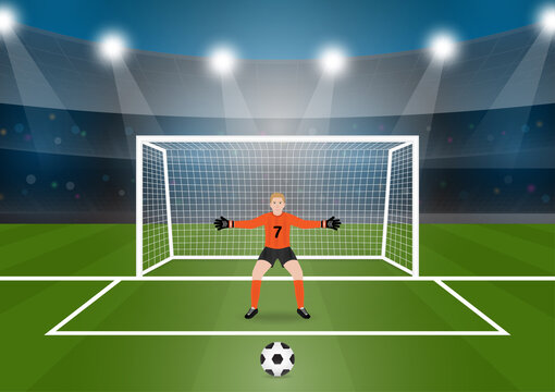 A Goalkeeper is Preparing to Save the Goal in the Soccer Stadium. Vector Illustration.