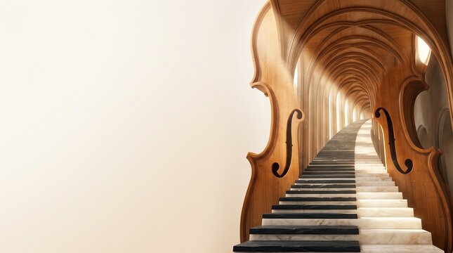 Surreal neoclassical grand hall shaped like giant cello body with piano key stairs, volumetric sunlight rays, alabaster cream background with copy space for acoustic music commercial photo