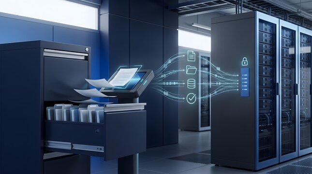 Automated physical record digitizing showing paper documents transferring into secure glowing server rack infrastructure