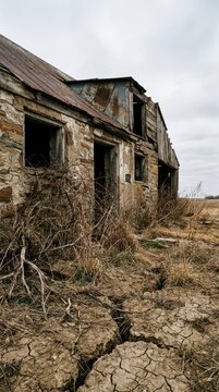 Weathered deteriorating farmhouse with cracked dry soil and overgrown weeds for editorial banner on rural abandonment and drought impact